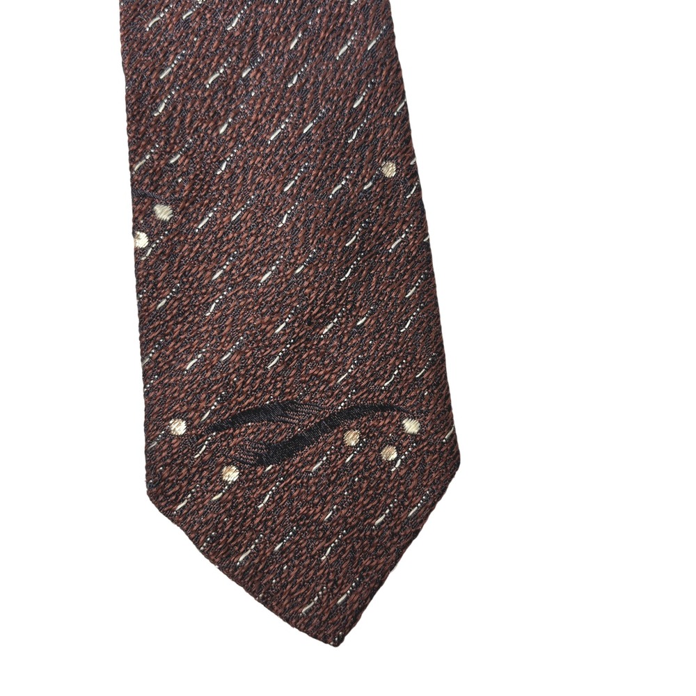 VTG MCM Wembley Brown Atomic Fleck Textured Necktie Silver Gold Embroidered Wing